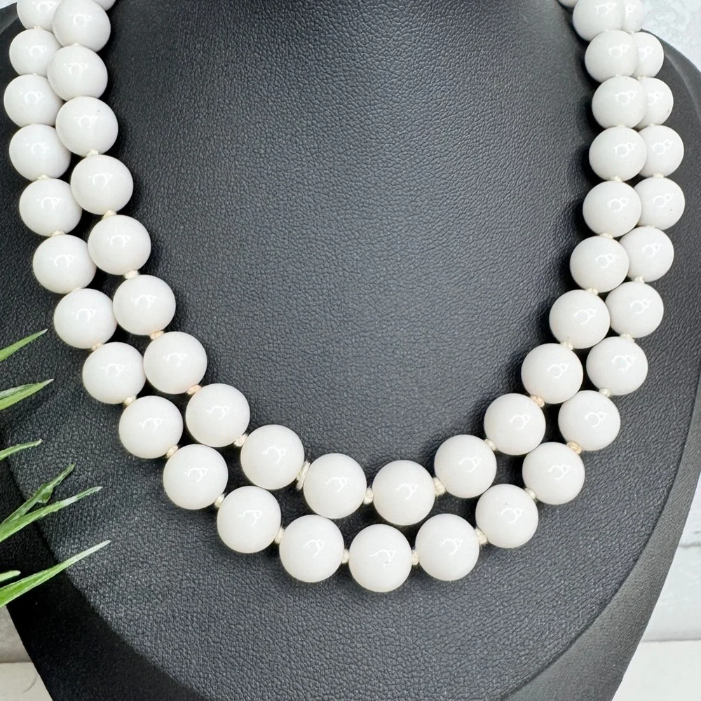 Vintage 60s Japan White Lucite Double Strand Hand Knotted Statement Necklace